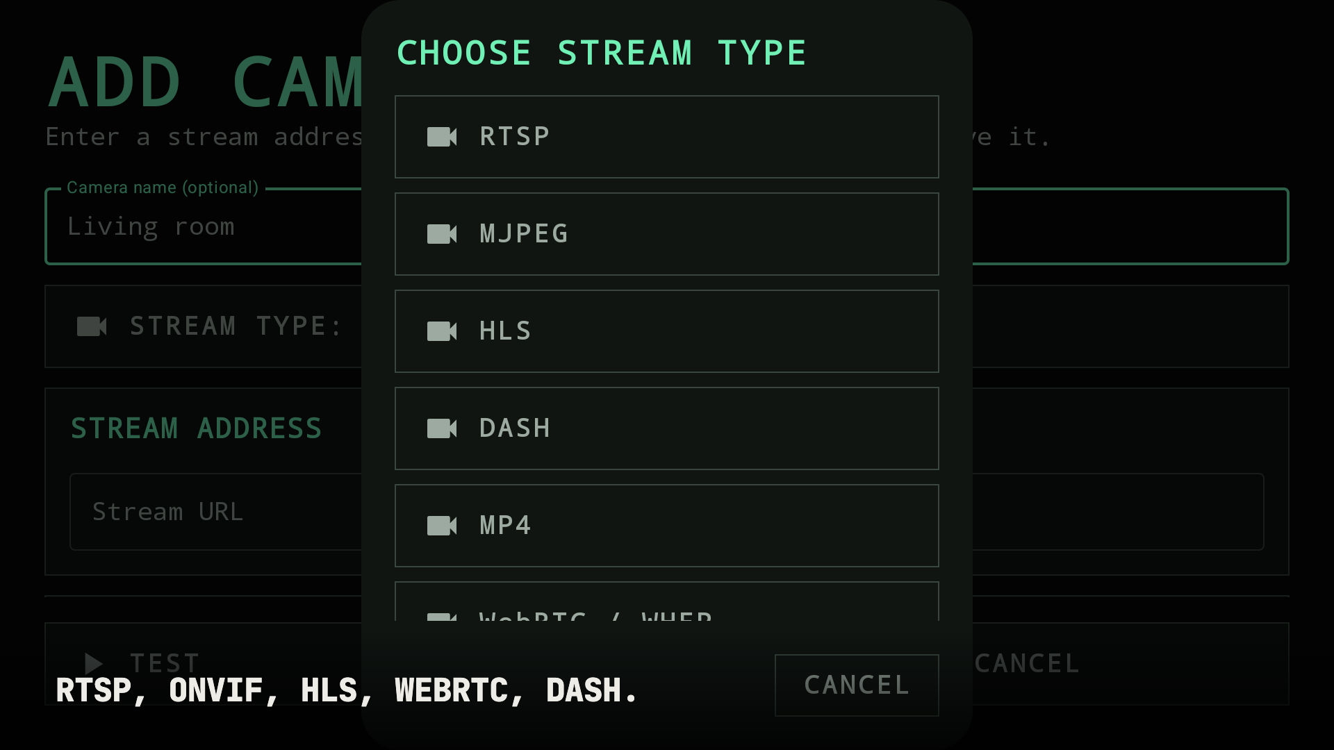 Machine Cam stream type picker on Android TV