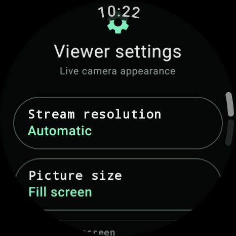 Machine Cam viewer settings on Wear OS