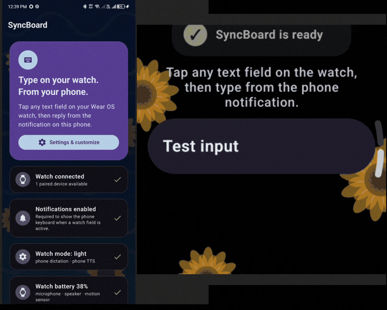 SyncBoard live demo: typing on the phone and sending text to the watch