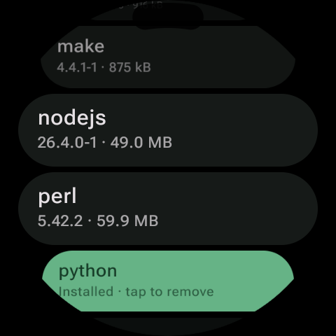 Package list with python highlighted green and labelled installed, tap to remove