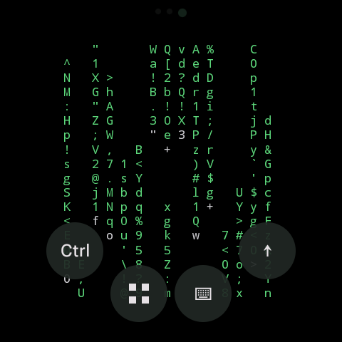 Wear Term running on a round watch screen: green terminal output behind the Ctrl, keyboard and arrow key buttons
