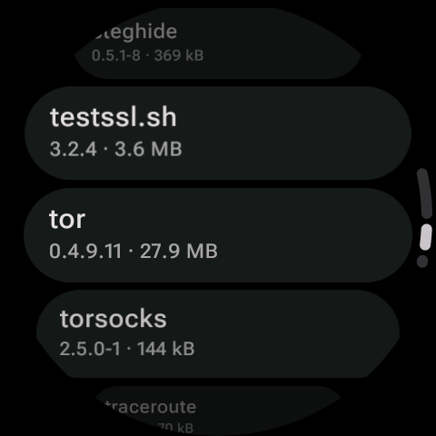 Package browser listing testssl.sh, tor and torsocks with versions and download sizes