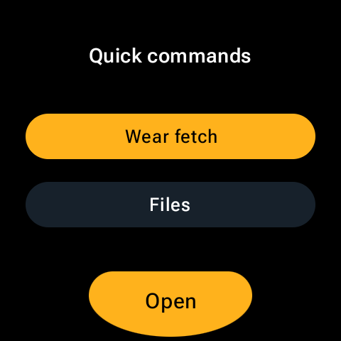 Quick commands screen with Wear fetch, Files and Open buttons