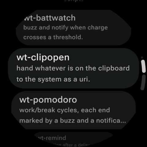 Bundled script list: wt-battwatch, wt-clipopen, wt-pomodoro and wt-remind with one-line descriptions