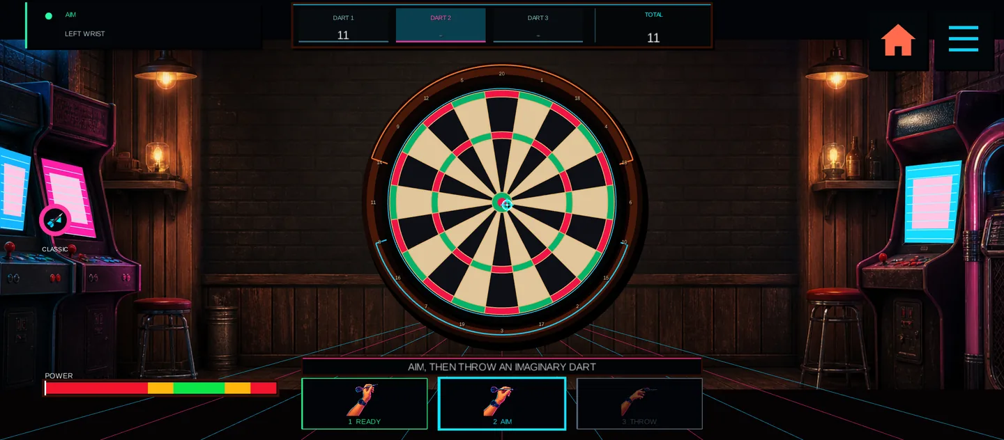 Wrist Power on an Android phone: a dartboard in a neon tavern with the three-dart scoreboard on top