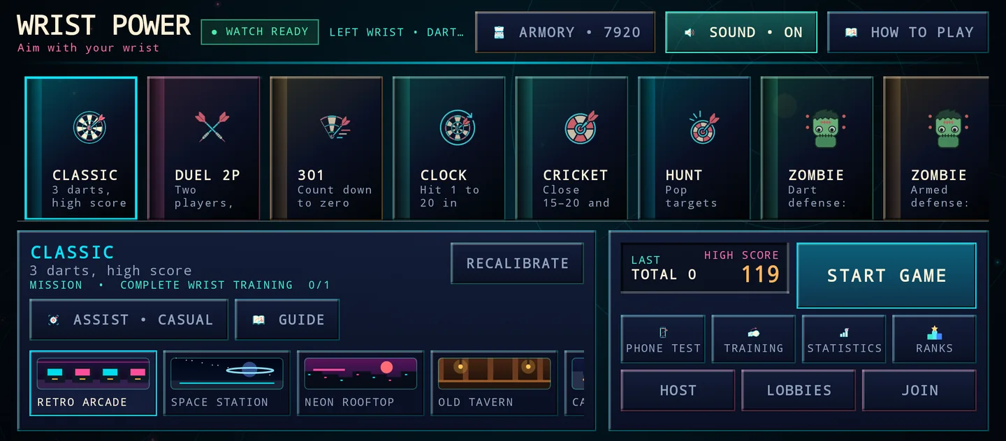 Wrist Power main menu with the mode shelf, arena picker and high score panel