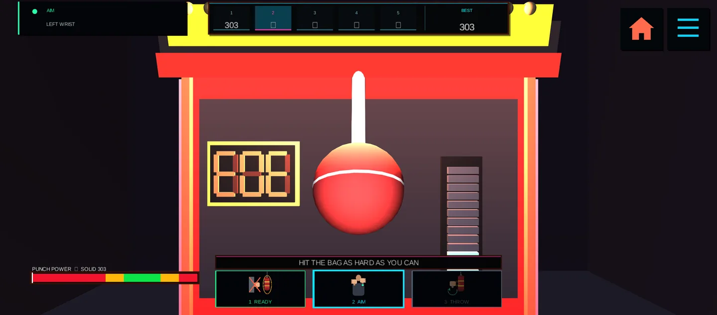 Arcade punch cabinet with a speed ball and a scoreboard reading 303