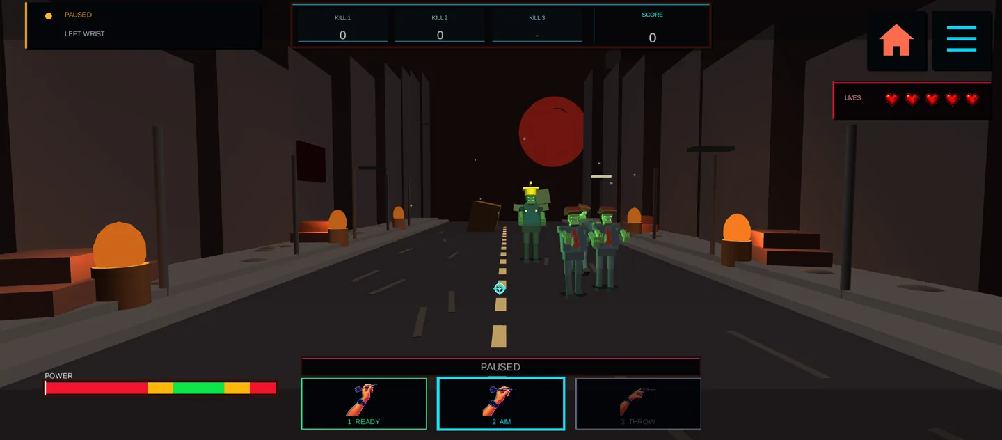 Zombie survival mode: a horde walking up a dead city street with five lives left
