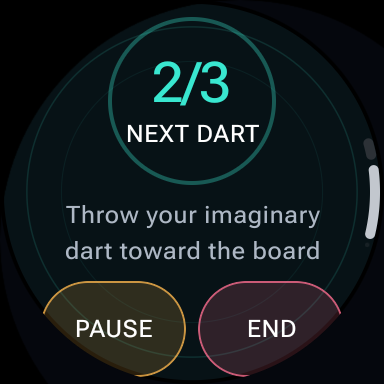 The Wear OS watch showing dart 2 of 3 with pause and end controls