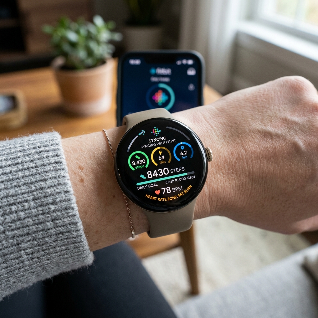 Fitbit syncing with Pixel Watch showing activity and heart rate