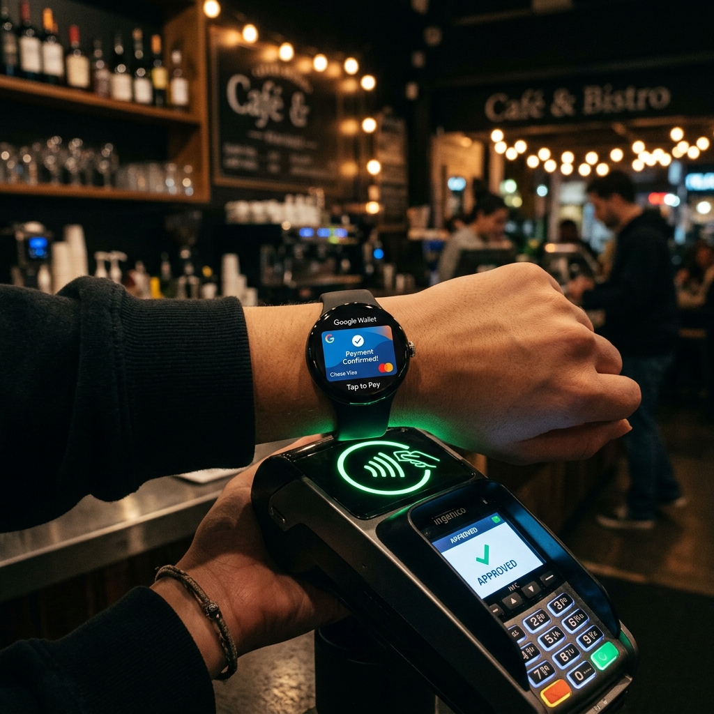 Google Wallet NFC contactless payment on smartwatch at cafe terminal