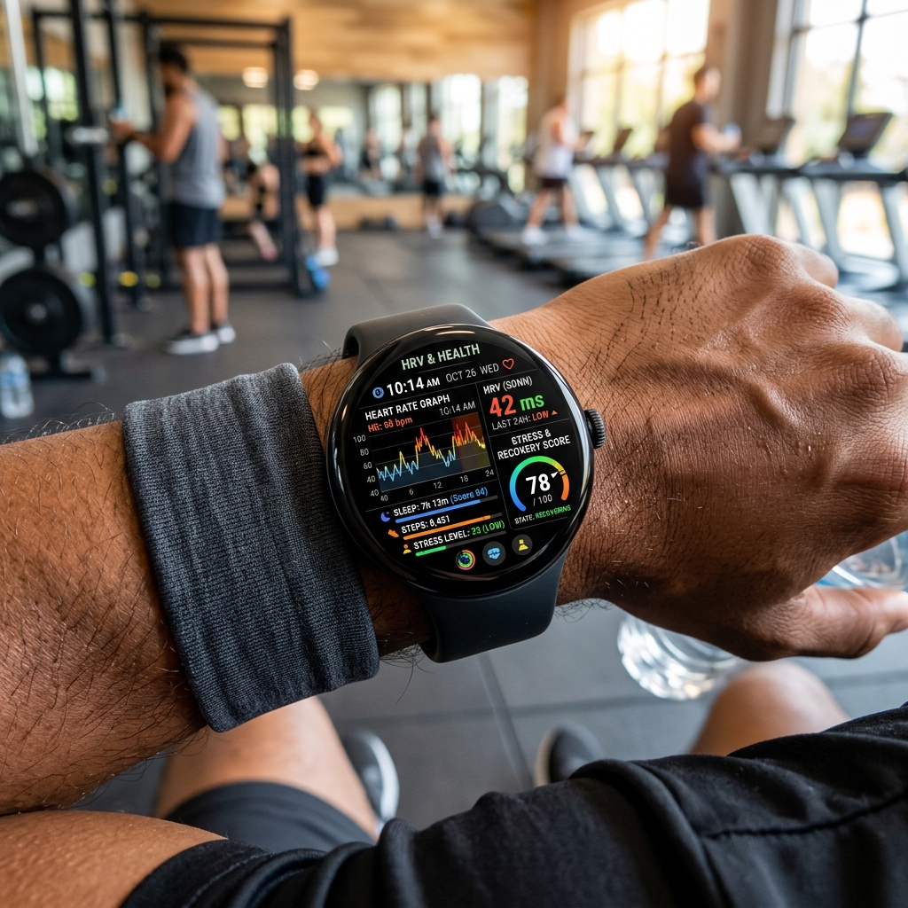 HRV heart rate variability monitoring on smartwatch at gym