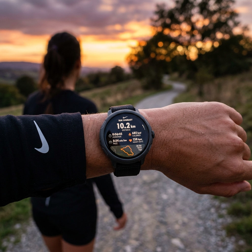 Nike Run Club app on Wear OS showing run summary at sunset