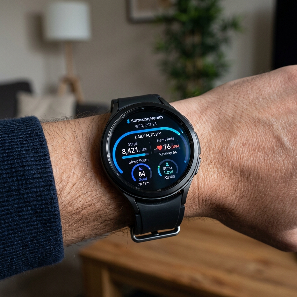 Samsung Health dashboard on Galaxy Watch showing health metrics