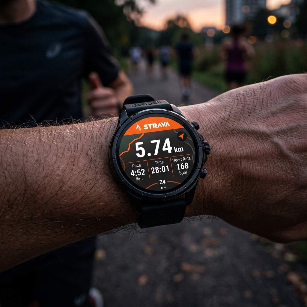 Strava running app showing pace and distance on smartwatch