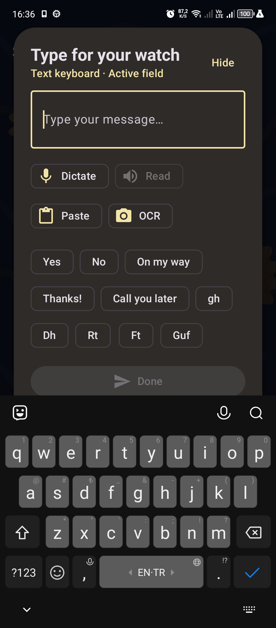 SyncBoard phone editor ready to type for a watch